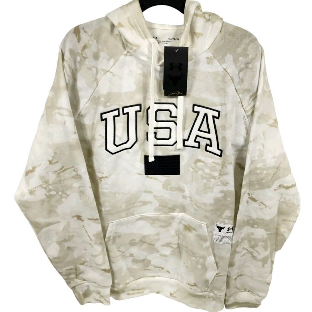 Under Armour Project Rock Veterans Day White Camo Hoodie Mens Sz XL 1370971-100